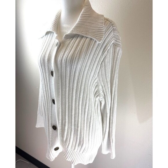 Chaps Denim Womens White Ribbed Cardigan Sweater XL 100% Cotton Button Front - Picture 2 of 13
